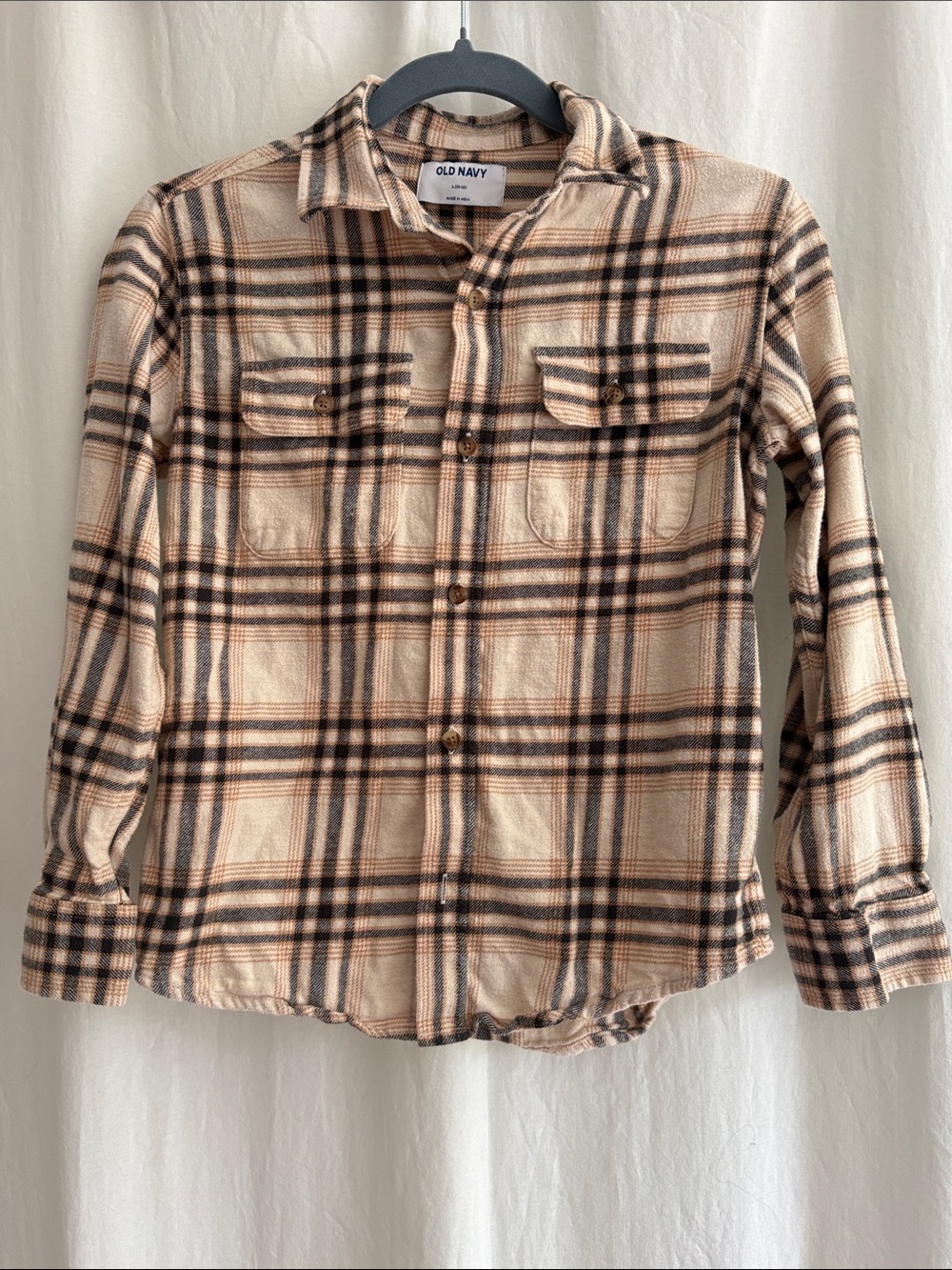 Old Navy Beige and Brown Plaid Flannel  Boys Button-Down Shirt Sz L 10/12